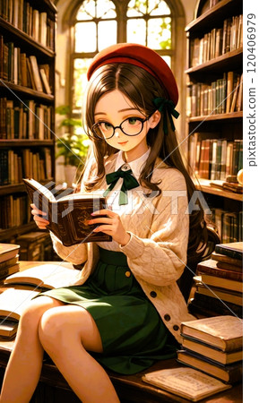 A female student reading many books and doing research A female student reading many books and doing research 120406979
