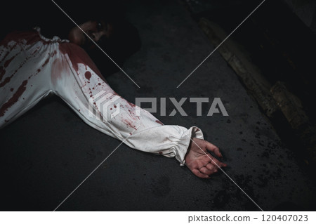 Homicide female hands jerky in blood with resentment torture and ask for help, murder and crime, Closeup hand with blood of horror bloodthirsty ghost woman on floor, Halloween horror day concept Homicide female hands jerky in blood with resentment torture and ask for help, murder and crime, Closeup hand with blood of horror bloodthirsty ghost woman on floor, Halloween horror day concept 120407023