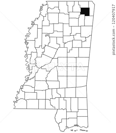 Map of Prentiss County in Mississippi state on white background. single County map highlighted by black colour on Mississippi map. United States of America, US Map of Prentiss County in Mississippi state on white background. single County map highlighted by black colour on Mississippi map. United States of America, US 120407917