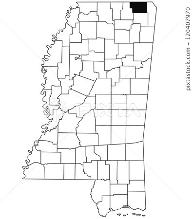 Map of alcorn County in Mississippi state on white background. single County map highlighted by black colour on Mississippi map. United States of America, US Map of alcorn County in Mississippi state on white background. single County map highlighted by black colour on Mississippi map. United States of America, US 120407970