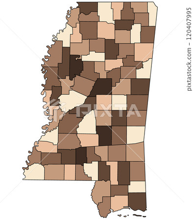 brown Map of Mississippi state with borders of the counties and different colour. United State of America, US, United State. brown Map of Mississippi state with borders of the counties and different colour. United State of America, US, United State. 120407995