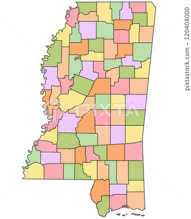 Map of Mississippi state with borders of the counties and different colour. United State of America, US, United State. Map of Mississippi state with borders of the counties and different colour. United State of America, US, United State. 120408000
