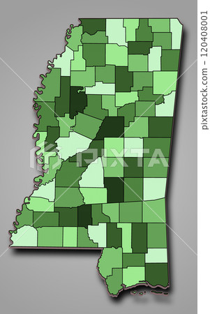 Green Map of Mississippi state with borders of the counties and different colour.  United State of America, US, United State. 120408001