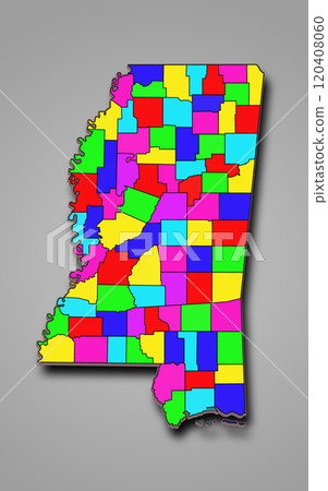 3d colorful Map of Mississippi state with borders of the counties and different colour.  United State of America, US, United State. 120408060