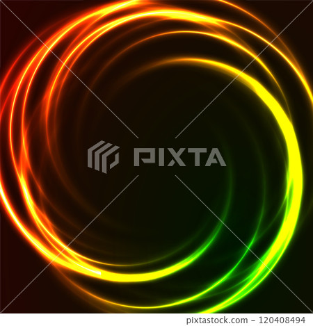 Green orange glowing neon spiral circles abstract tech background 120408494