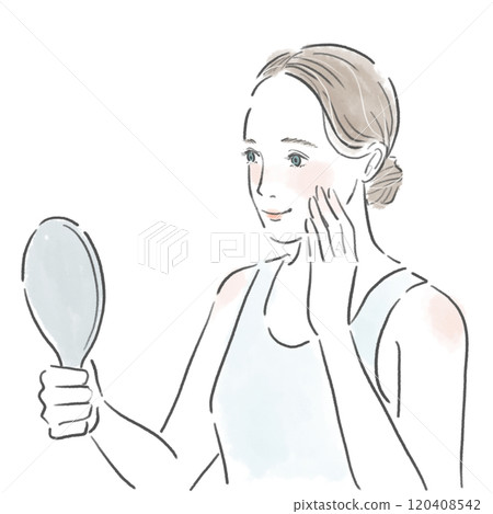 Young woman with healthy skin and smiling, holding a hand mirror 120408542