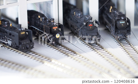 Close-Up of Model Steam Locomotives in a Train Depot Display Close-Up of Model Steam Locomotives in a Train Depot Display 120408616