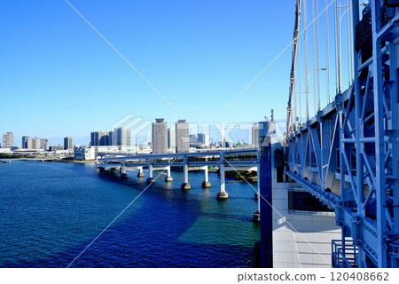 從彩虹橋北線長廊看到的彩虹橋和有明、晴海、芝浦的風景 從彩虹橋北線長廊看到的彩虹橋和有明、晴海、芝浦的風景 120408662
