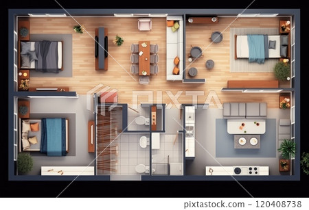 3D Top view landscape design plan with house, a private house with kitchen, bedrooms, living room, dining room, bathroom and furniture. 120408738
