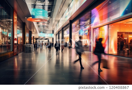 Motion blur effect, busy shopping mall scene, diverse people with colorful shopping bags Motion blur effect, busy shopping mall scene, diverse people with colorful shopping bags 120408867