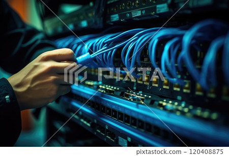 A network engineer hands clipping a blue ethernet cable A network engineer hands clipping a blue ethernet cable 120408875