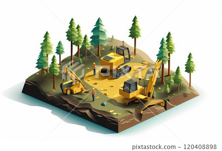 land development concept backhoe clearing in forest isometric and enginneer working with worker , Minimalist 120408898