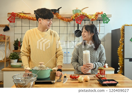 Smiling young couple preparing for their Christmas dinner in cozy kitchen Smiling young couple preparing for their Christmas dinner in cozy kitchen 120409027