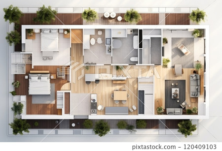 3D Top view landscape design plan with house, a private house with kitchen, bedrooms, living room, dining room, bathroom and furniture. 120409103