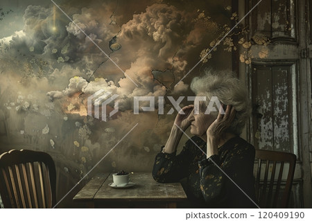 Abstract composition symbolizing the disease of dementia in pensioners. Feeling of chaos and disorientation. The inner world of old people. Severity of the disease. The vulnerability of the human mind Abstract composition symbolizing the disease of dementia in pensioners. Feeling of chaos and disorientation. The inner world of old people. Severity of the disease. The vulnerability of the human mind 120409190