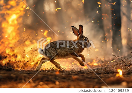 The brave hare runs away from the forest fire The brave hare runs away from the forest fire 120409289