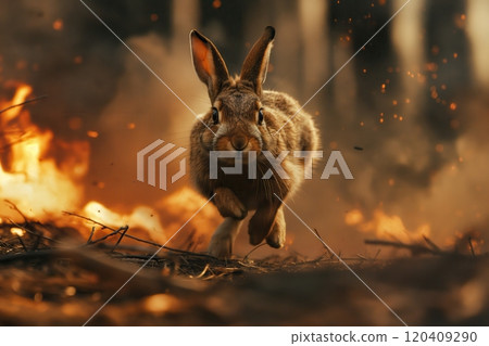 The brave hare runs away from the forest fire The brave hare runs away from the forest fire 120409290