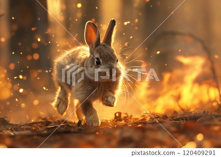 The brave hare runs away from the forest fire 120409291