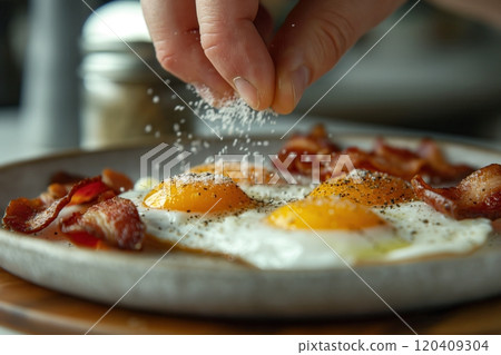A hand sprinkles a plate with eggs and bacon with salt from a shaker 120409304