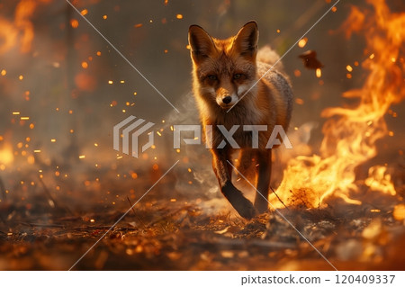 Fox bravely runs away from a forest fire 120409337