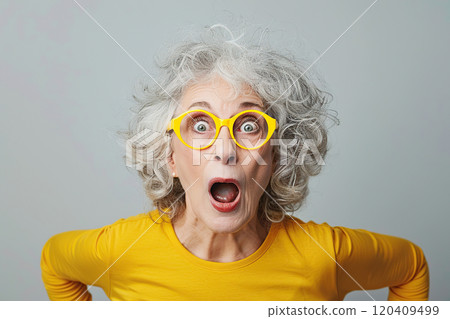 Joyful very surprised 70 year old American woman with big amazed eyes and surprised mouth, with intense makeup, red lips, hair styling and yellow-colored glasses. Live emotions. Idea for advertising 120409499