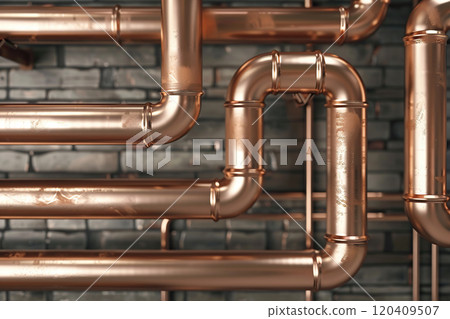 Water supply or gas supply systems and copper pipelines of the heating system. Shiny pipes and details close-up. Industry. Technology. Special equipment. Water treatment. Biotechnology. Protection 120409507