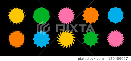 Set of starburst price in retro style on dark background. Colorful Promotion tags collection. Trendy Y2K style. Flat Vector illustration Set of starburst price in retro style on dark background. Colorful Promotion tags collection. Trendy Y2K style. Flat Vector illustration 120409627