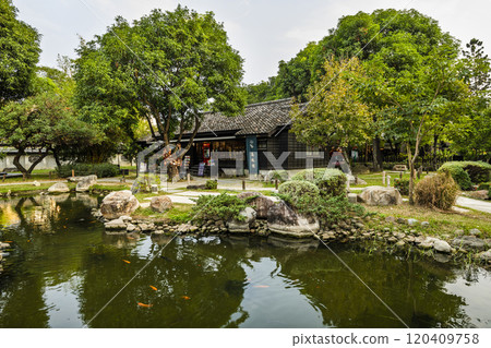 Building view of the Hinoki Village (cypress forest life village) in Chiayi, Taiwan. Building view of the Hinoki Village (cypress forest life village) in Chiayi, Taiwan. 120409758