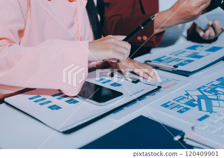 Young Asian business creative team work together, mobile application software design project. Brainstorm meeting, internet technology, smartphone web app designer, office coworker teamwork concept 120409901