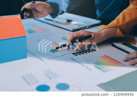 ESG environmental social governance display on laptop on eco-friendly company meeting with business people implementing environmental protection for clean and sustainable future ecology. Trailblazing 120409956