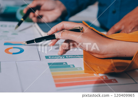 ESG environmental social governance display on laptop on eco-friendly company meeting with business people implementing environmental protection for clean and sustainable future ecology. Trailblazing ESG environmental social governance display on laptop on eco-friendly company meeting with business people implementing environmental protection for clean and sustainable future ecology. Trailblazing 120409965