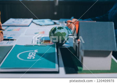 ESG environmental social governance display on laptop on eco-friendly company meeting with business people implementing environmental protection for clean and sustainable future ecology. Trailblazing 120409978