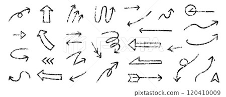 A set of hand-drawn black arrows vector illustrations. A set of hand-drawn arrows that look like they were drawn with pastels, crayons, or charcoal pencils. 120410009