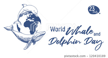 Horizontal banner for Whale and Dolphin Day, July 23, 2025. Concept of the problem preserving animal in the ocean. Vector linear drawing of a whale and a dolphin against the background of planet Earth Horizontal banner for Whale and Dolphin Day, July 23, 2025. Concept of the problem preserving animal in the ocean. Vector linear drawing of a whale and a dolphin against the background of planet Earth 120410189