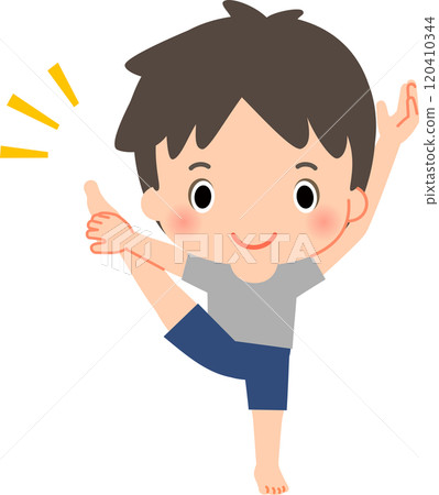 微笑的男人做 Y 型平衡姿勢 120410344