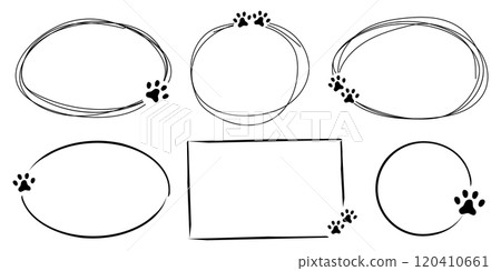 Line frame with cute pet foot print stamp, pawprint decoration. Cat or dog paw doodle border. Hand drawn sketch. Line frame with cute pet foot print stamp, pawprint decoration. Cat or dog paw doodle border. Hand drawn sketch. 120410661