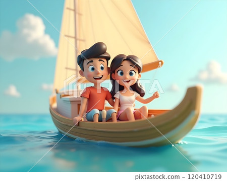 Couple enjoying a sunny boat ride on a calm ocean in a cartoon-style illustration 120410719