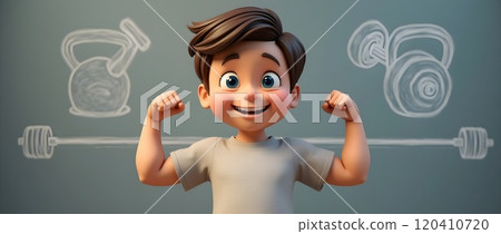 Young boy happily lifting weights in an animated fitness scene with exercise equipment drawn in the background 120410720