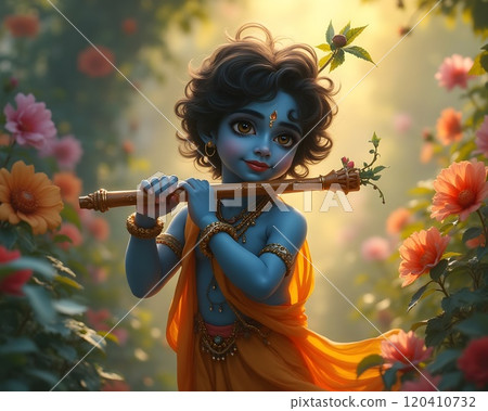 Young boy in vibrant attire playing flute amidst blooming flowers in a serene garden at dusk Young boy in vibrant attire playing flute amidst blooming flowers in a serene garden at dusk 120410732