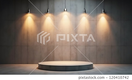 Minimalist stage setup featuring spotlights on a concrete podium in a modern interior space 120410742