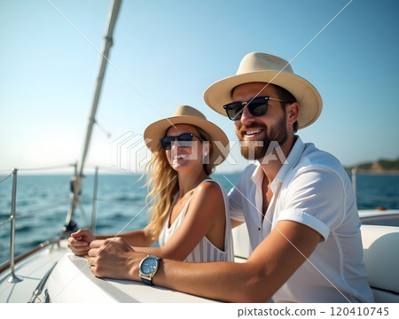 Couple enjoying a sunny day sailing on a boat with ocean views and clear skies Couple enjoying a sunny day sailing on a boat with ocean views and clear skies 120410745