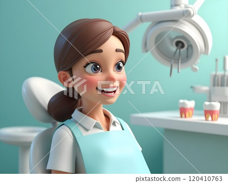 Friendly dental visit with a cheerful patient in a modern clinic setting 120410763