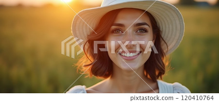 Smiling woman wearing a wide-brimmed hat in a sunlit field during golden hour 120410764