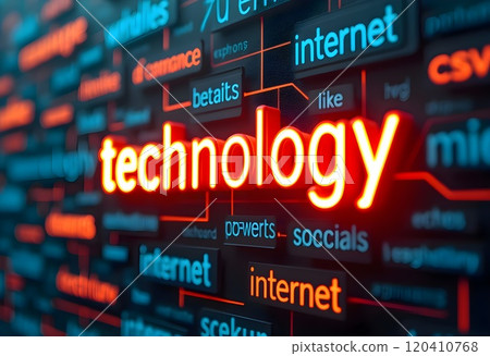 Technology concepts highlighted in vibrant colors on a digital display showcasing various internet-related terms 120410768