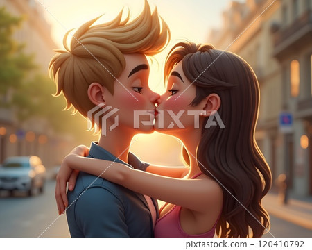 Romantic kiss between a couple on a sunlit street in the city at twilight 120410792