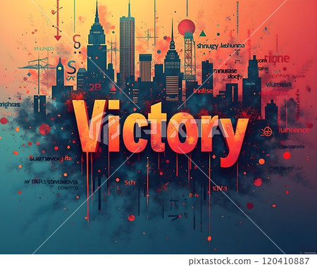 Creative representation of victory theme with city skyline and vibrant colors showcases celebration and achievement in an urban setting 120410887