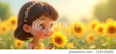 Young girl enjoys a sunny day in a field of vibrant sunflowers during golden hour Young girl enjoys a sunny day in a field of vibrant sunflowers during golden hour 120410890