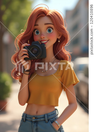 Red-haired woman holds a camera with a joyful expression on a sunny urban street during daytime Red-haired woman holds a camera with a joyful expression on a sunny urban street during daytime 120410896