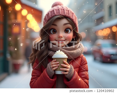 Young girl enjoys hot beverage while walking in snowy street with festive decorations in winter atmosphere Young girl enjoys hot beverage while walking in snowy street with festive decorations in winter atmosphere 120410902