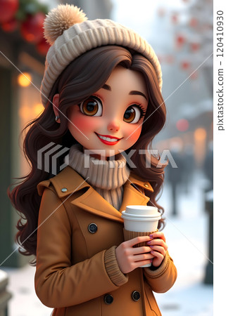 Young woman enjoying coffee outdoors in winter attire on a bustling street decorated for the holidays 120410930
